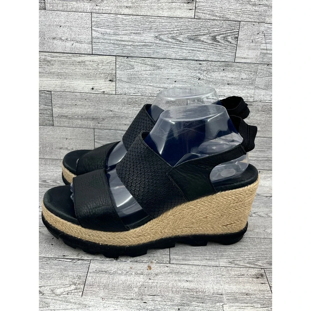 Sorel Joanie II Hi Slingback Wedge Sandals Black Leather Espadrille Women Sz 10 - Picture 5 of 11